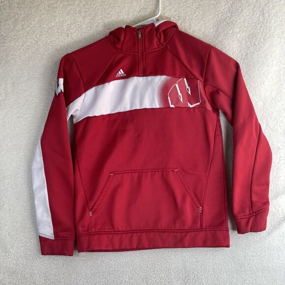 Adidas Wisconsin Badgers Hoodie Mens Large Red Sweatshirt 1/4 Zip READ - Picture 1 of 16
